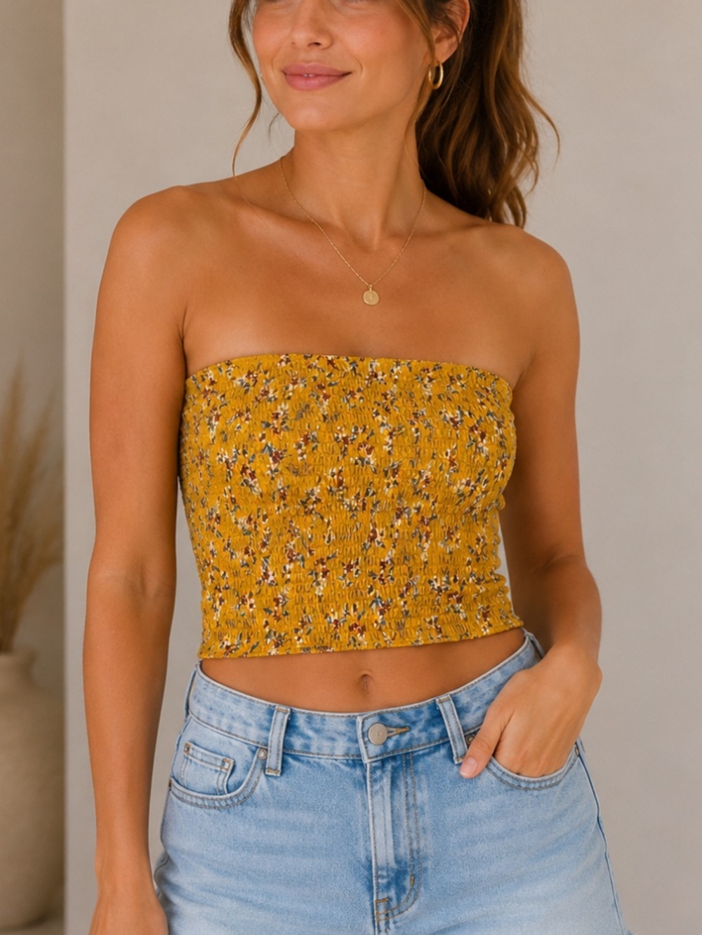 NWT Floral Tube Top Mustard yellow, Polly & Esther, size S/M Juniors